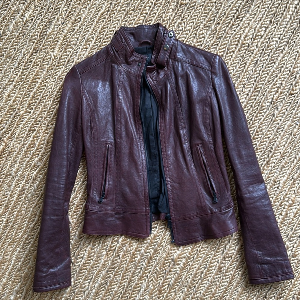 Leather jacket by June. X-small, fitted. 100% cotton lining